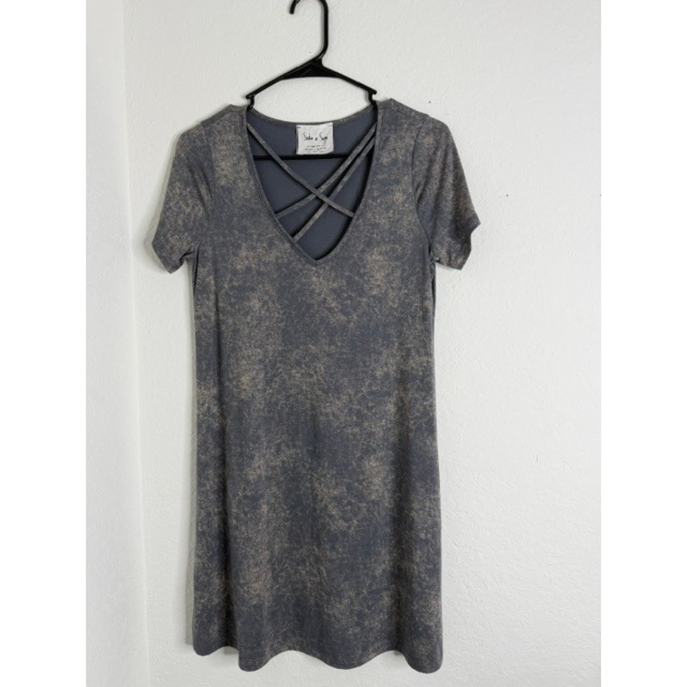 Sadie & Sage Women Grey Acid Wash Crisscross V-Neck Short Sleeve Mini Dress S